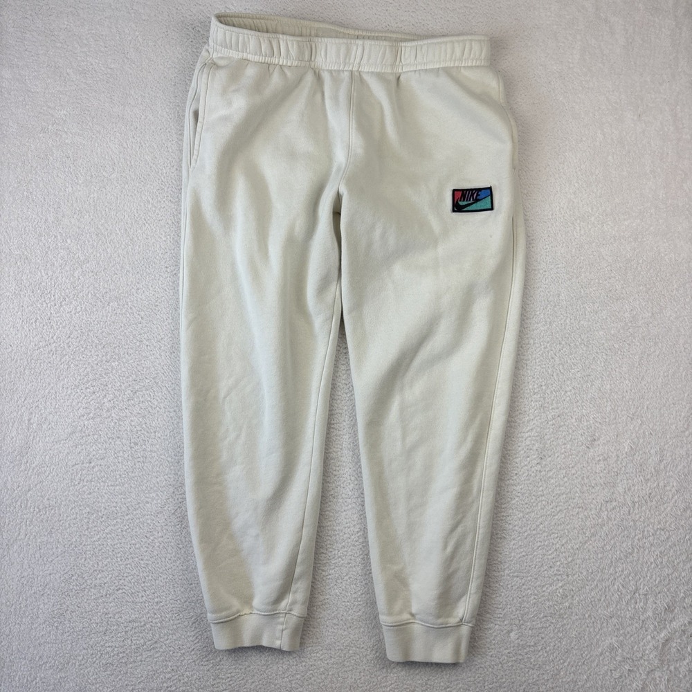 NIKE Mens 'Club‎ Fleece' Joggers Large Cream Patch Logo Tapered Sweatpants
